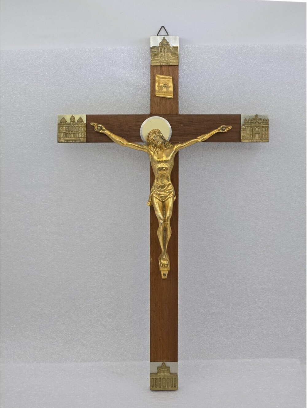 Vtg 12.25" Italian Solid Wood Crucifix Cross Four Roman Basilicas Rome Jubilee